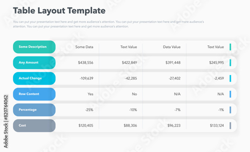 Table layout template with six colorful rows. Simple flat template for project data visualization.