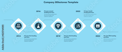 Horizontal timeline infographic template with five steps - blue version. SImple chart design for workflow layout, diagram, banner, web design.
