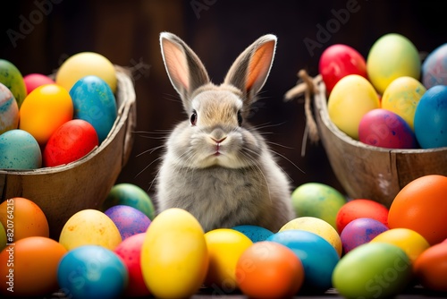A lively background with a cute bunny, vibrant eggs, and playful festivities  © Book