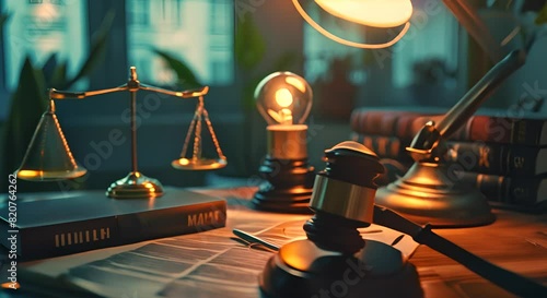 The lawyer's desk is equipped with a hammer, books, etc