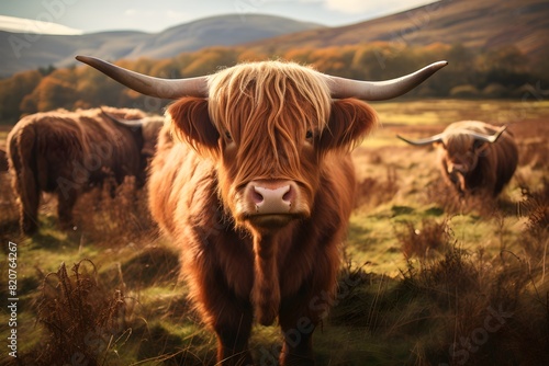 A highland cow scotland in a green field
 photo