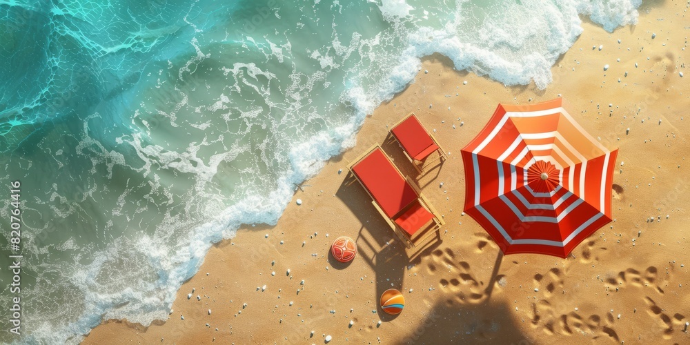 Fototapeta premium Top view Beach umbrella with chairs and beach accessories on the sand background. summer vacation concept. art illustration
