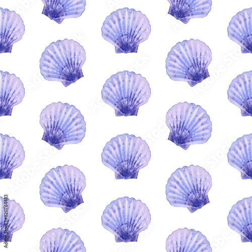 Marine seamless pattern animals  blue seashell  mollusk  shells. Watercolor illustration underwater background On white. Summer vibes. Sea bottom. For fabric  wrapping paper  wallpaper print decor