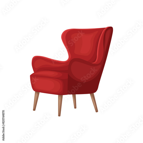 Armchair. A classic red armchair with wooden legs. Upholstered furniture. Vector illustration isolated on a white background.