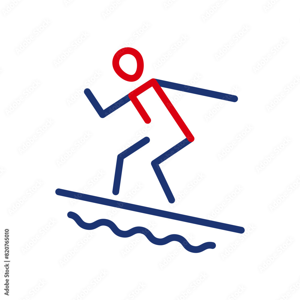 Vector outline icon of an athlete standing on a surfboard. A man maintains balance and makes smooth movements on the water. Active water sport. Flat icon, pictogram. Sports events and competitions. Vector outline icon of an athlete standing on a surfboard. A man maintains balance and makes smooth movements on the water. Active water sport. Flat icon, pictogram. Sports events and competitions.