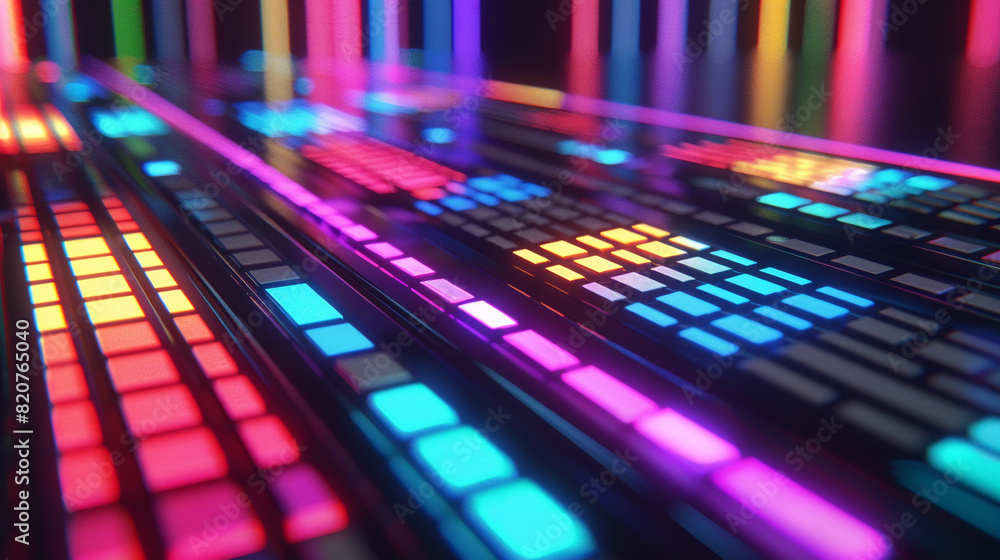 Create a digital composition showcasing an equalizer pattern formed by neon-colored bars moving dynamically.