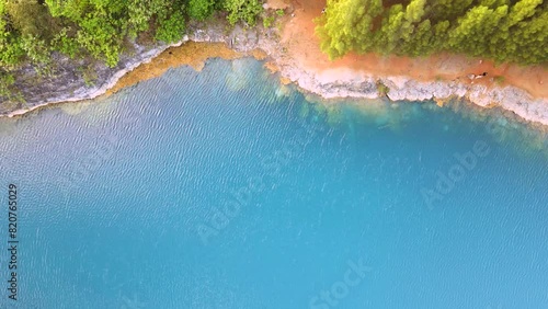Aerial top view Old Thap Put Stone Quarry, Thong Lang Cave Thap Put District Phang Nga Thailand 82180, Switzerland Phang Nga New tourist check in point beautiful blue water pine forest in the valley.