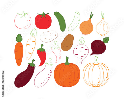 Vegetables coloring book . A children s coloring book featuring garden vegetables such as tomatoes, cucumber, onion and also carrots, peppers, potatoes and pumpkin. Children s coloring book. Vector