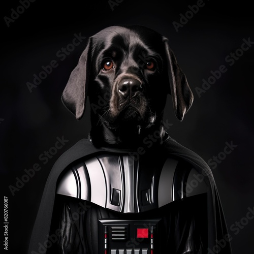 a dog dressed in star wars clothing sits in front of the camera photo