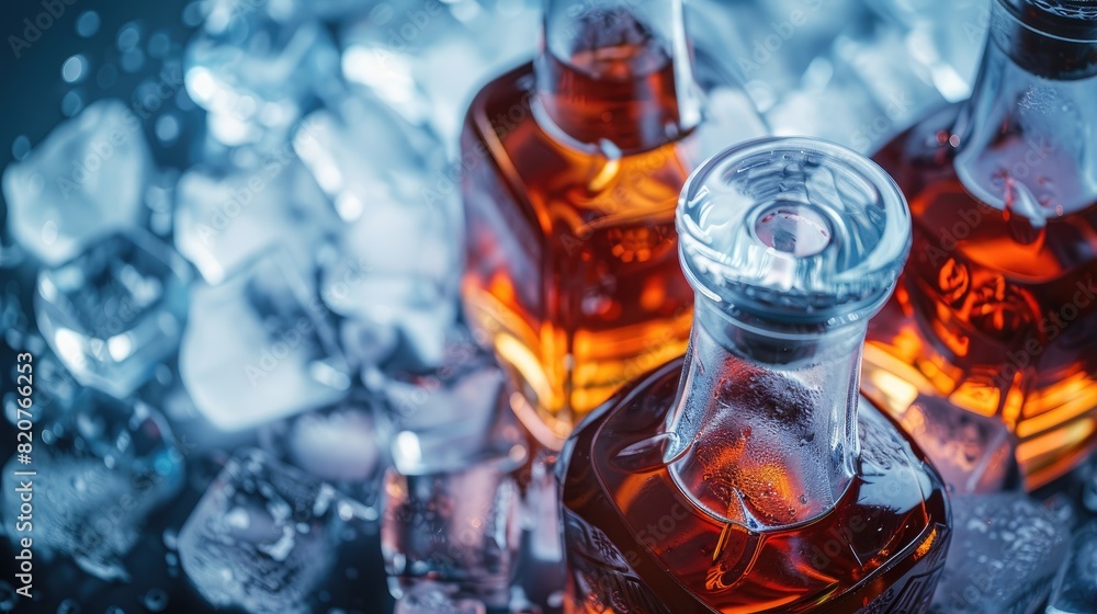 glass bottles with alcohol in ice cubes. Selective focus glass bottles with alcohol in ice cubes. Selective focus