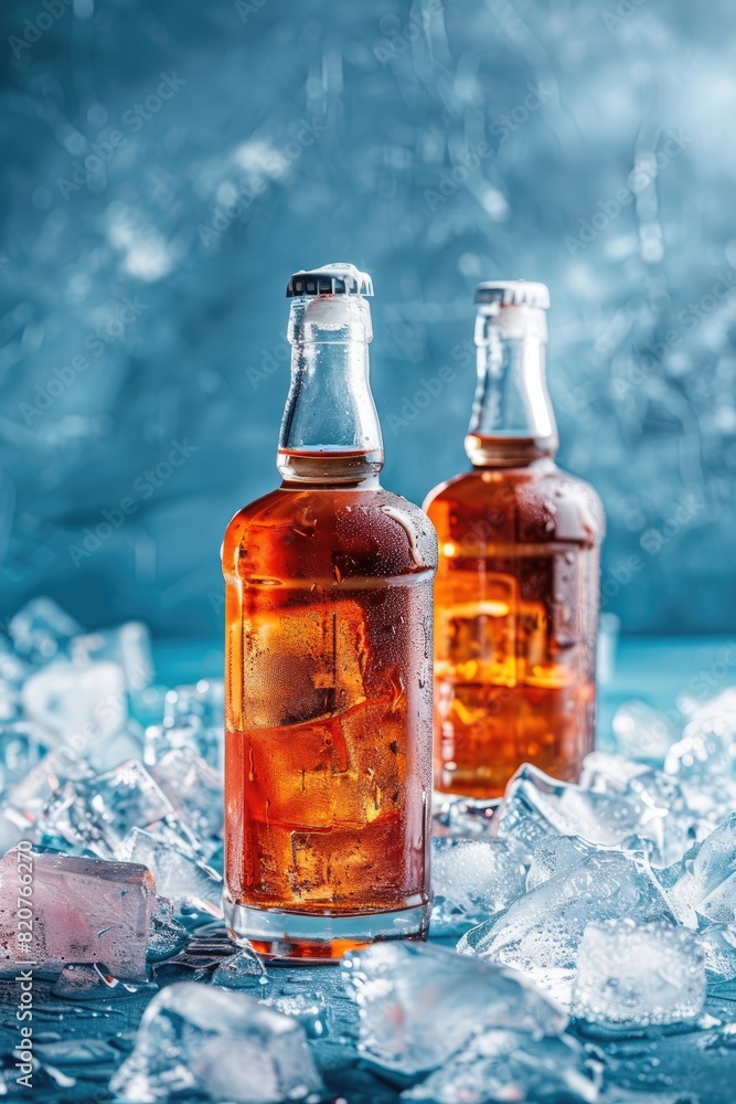 glass bottles with alcohol in ice cubes. Selective focus glass bottles with alcohol in ice cubes. Selective focus