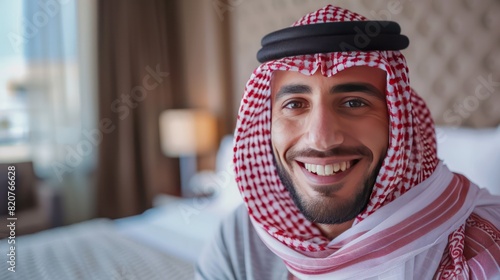 Close up of a Middle Eastern Saudi Arabian man wearing Ghutrah and Iqal having a video call conversation in the room. photo