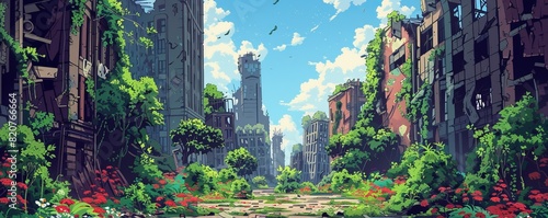 A post-apocalyptic cityscape where nature has begun to reclaim the land, with vines creeping up the sides of crumbling buildings and wildflowers blooming amidst the ruins.   illustration. photo