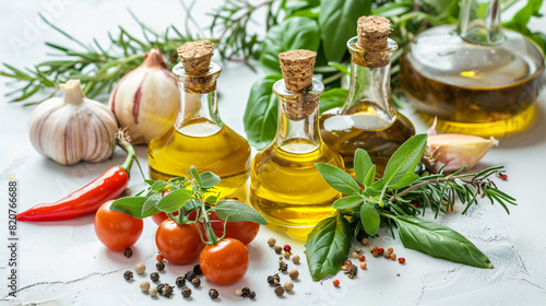 Fresh herbs with vegetables oil and sauce on light background