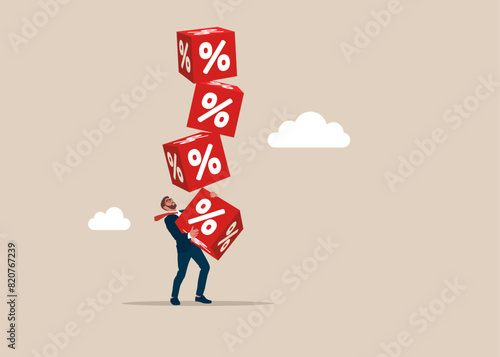 Businessman hold of stack of unstable cube block with percentage icon. Crisis monetary policy number below zero growth. Flat vector illustration
