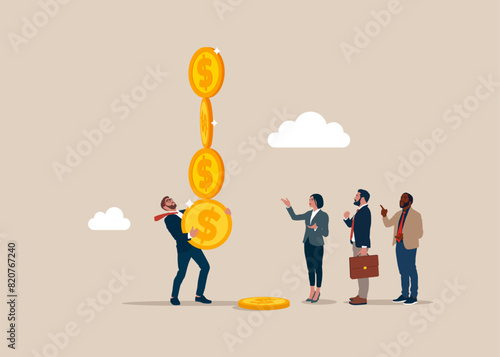 Businessman hold of stack of unstable coins. Assisting business people to overcome difficulties. Financial instability.  Flat vector illustration