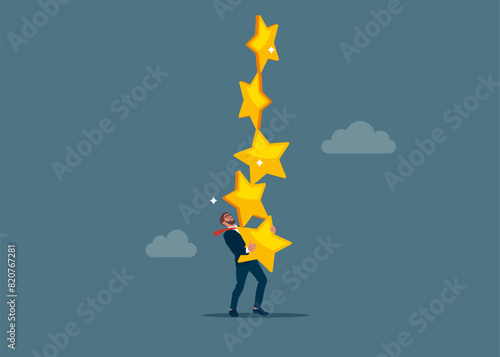 Businessman hold of stack of unstable stars. Effort to earn more investment profit, tax burden or financial problem. Flat vector illustration.  Flat vector illustration