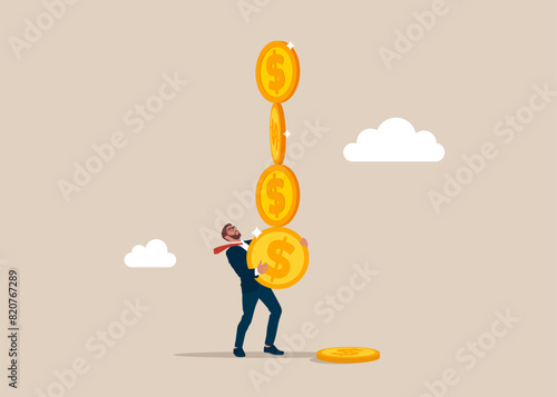 Businessman hold of stack of unstable coins. Financial instability.  Flat vector illustration