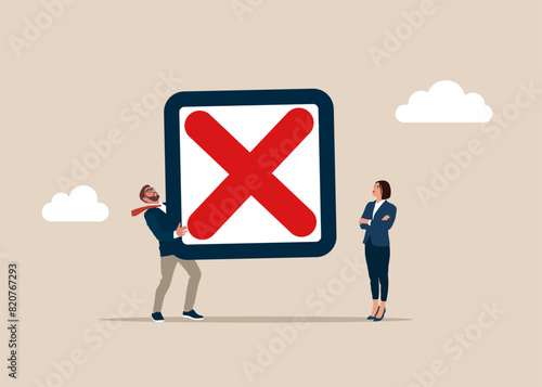 Businessman hold of cross checkbox. Rejection business investment. Modern vector illustration in flat style. 