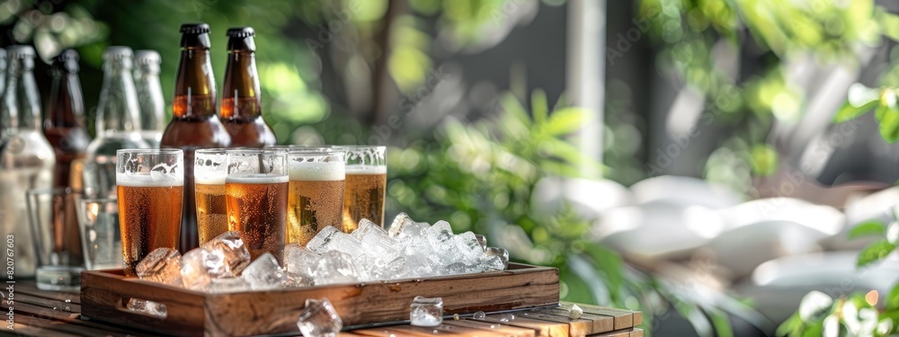 glass bottles with beer on the background of nature. Selective focus glass bottles with beer on the background of nature. Selective focus