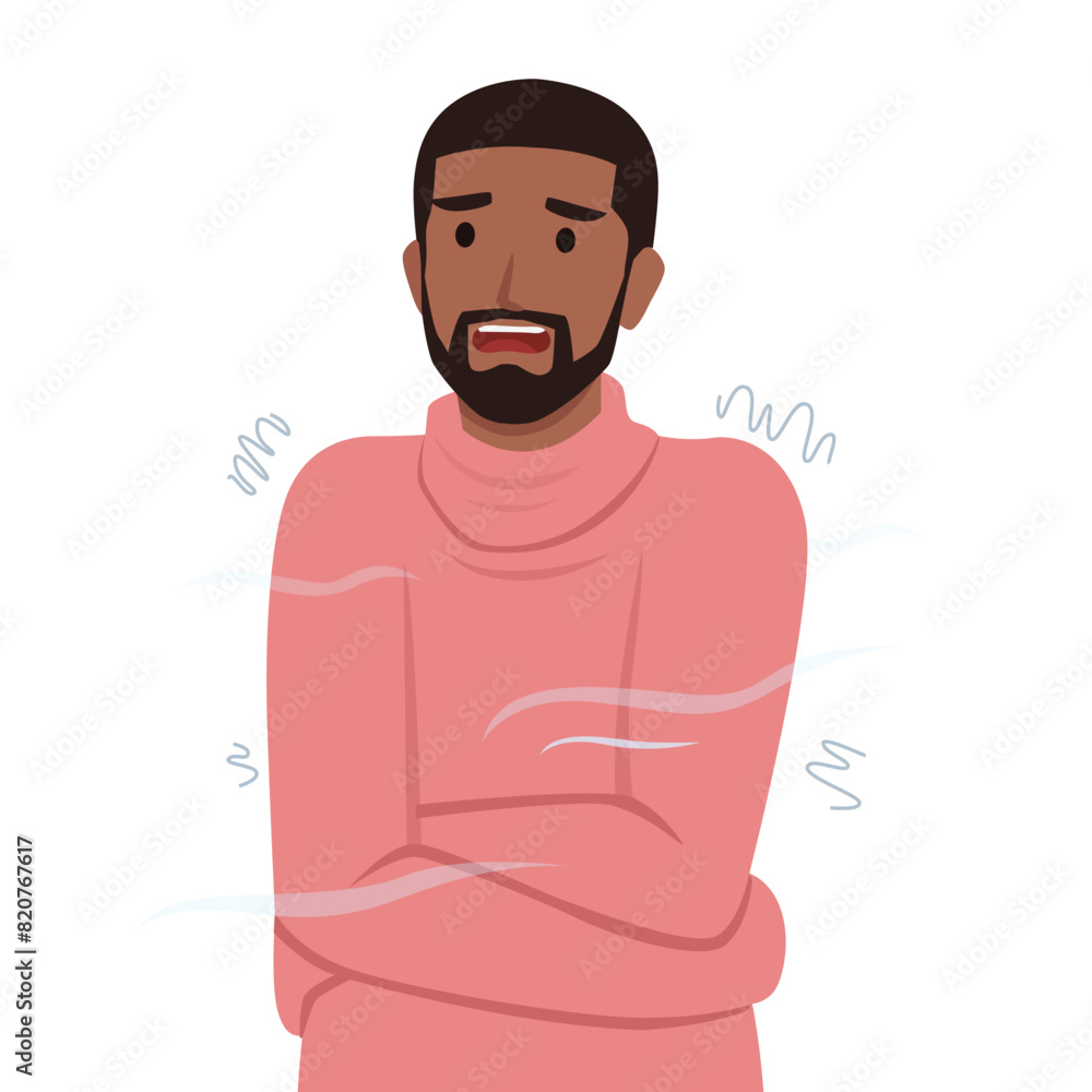 Freezing and shivering black man on winter cold. Flat vector illustration isolated on white background