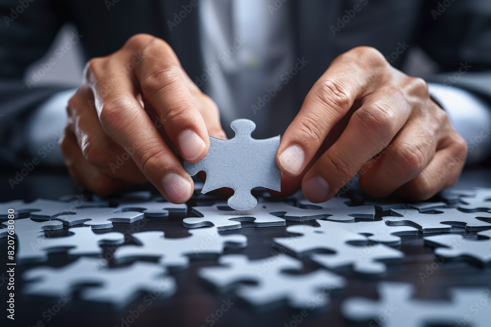 A person in a business suit is fitting a puzzle piece into place, symbolizing problem-solving, strategic thinking, or finding a solution in a business context. A person in a business suit is fitting a puzzle piece into place, symbolizing problem-solving, strategic thinking, or finding a solution in a business context.