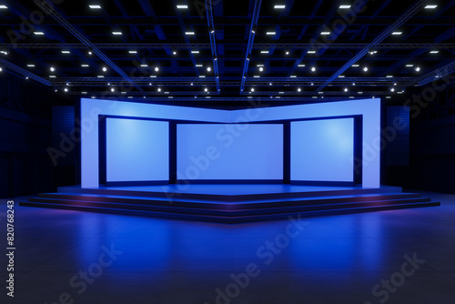 Empty stage Design for mockup and Corporate identity,Display.Platform elements in hall.Blank screen system for Graphic Resources.Scene event led night light staging.3d Background for online.3 render.