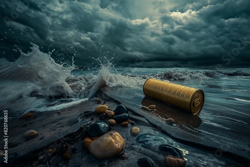 A gold can lying on its side on a slab of wet beach rocks, with waves softly crashing around it and a stormy sky above. 32k, full ultra hd, high resolution photo