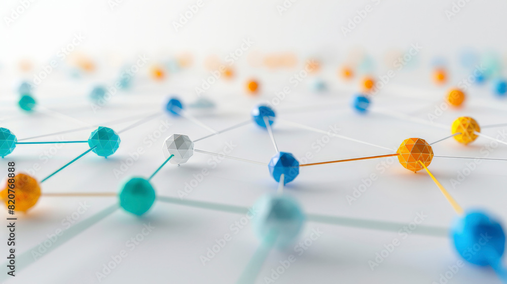 3D illustration of a network with interconnected nodes in blue, yellow, and white colors, representing concepts such as connectivity, networking, and technology infrastructure.