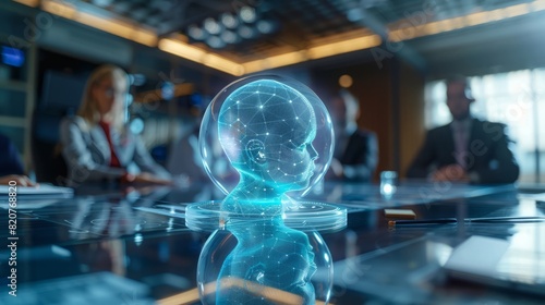 Innovative business meeting with a central hologram of a newborn baby on a digital screen table