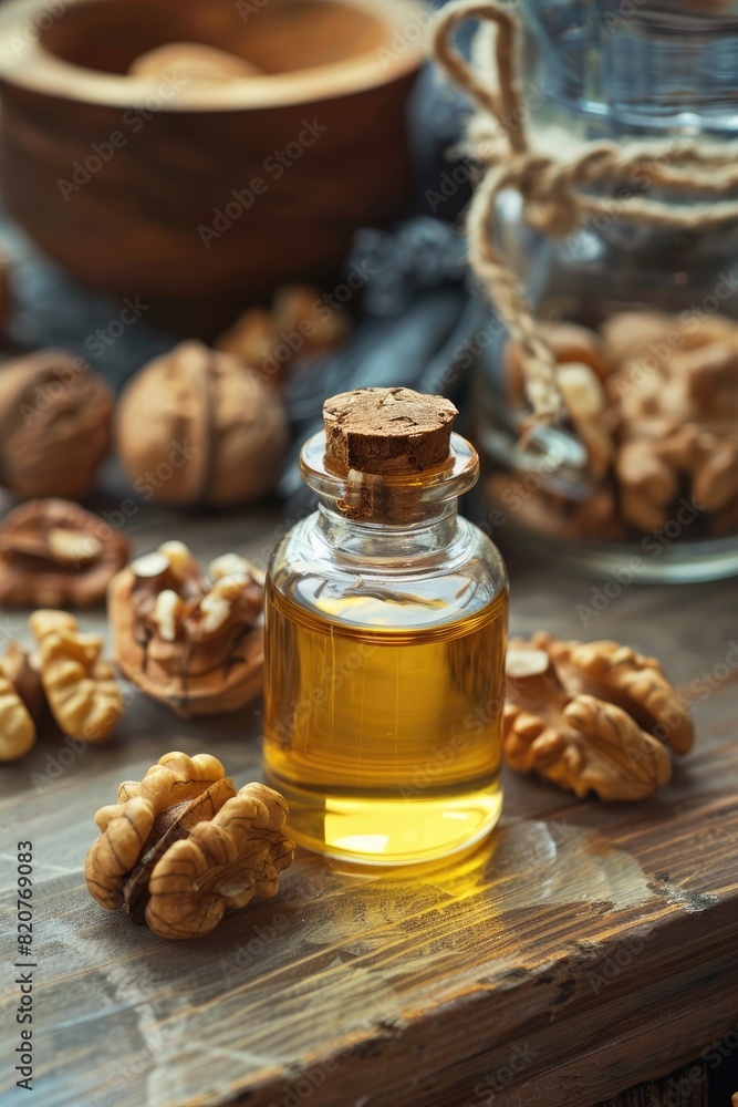 walnut essential oil. Selective focus walnut essential oil. Selective focus