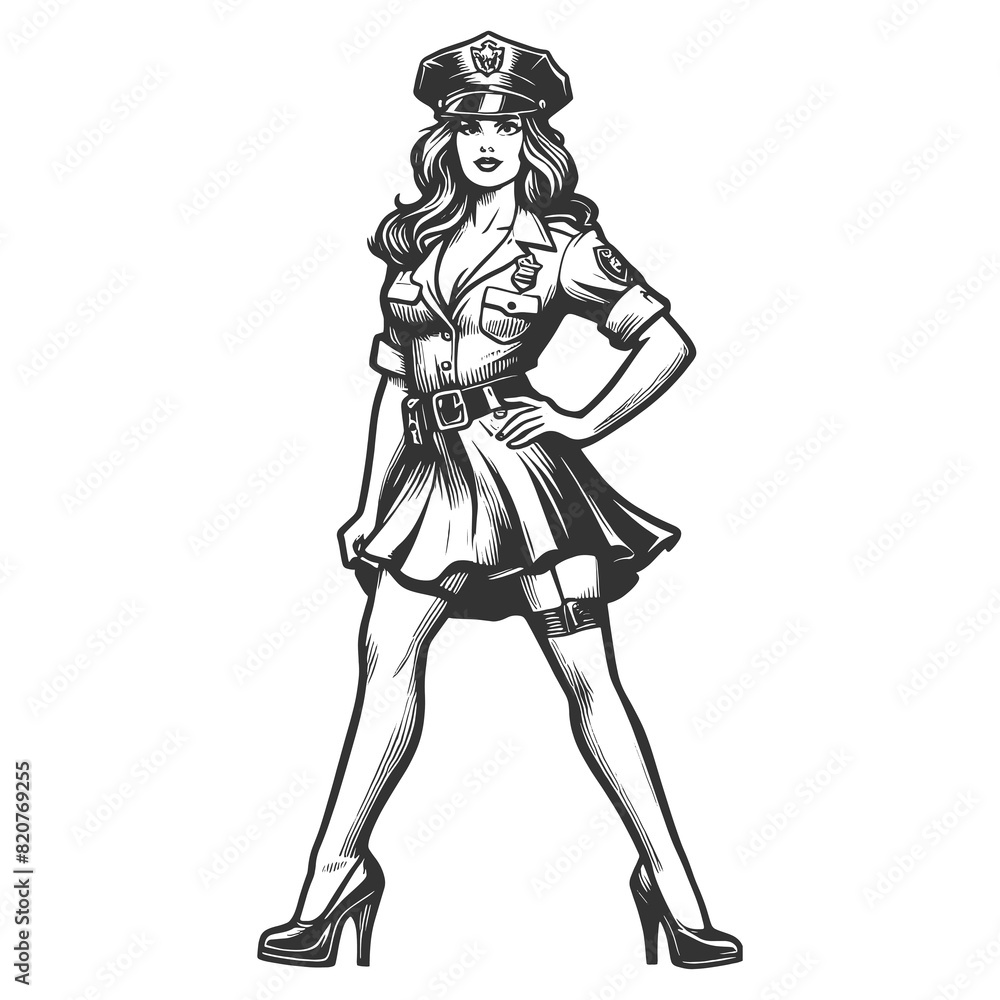 female police officer in a confident pose, blending authority with vintage fashion charm sketch engraving generative ai fictional character raster illustration. Scratch board. Black and white image.