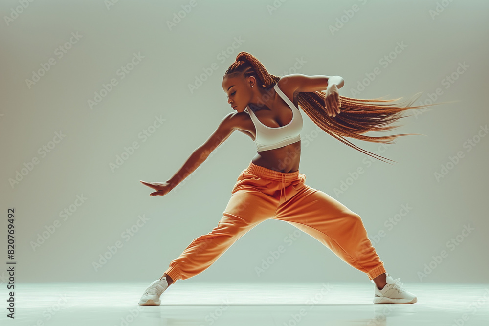 Full body shot of a woman dancing in sportswear, exuding energy and