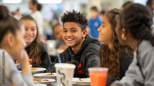 Group of diverse students sitting together  sharing and enjoying lunch in a lively school cafeteria  with one student in focus smiling brightly  fostering a sense of camaraderie  friendship