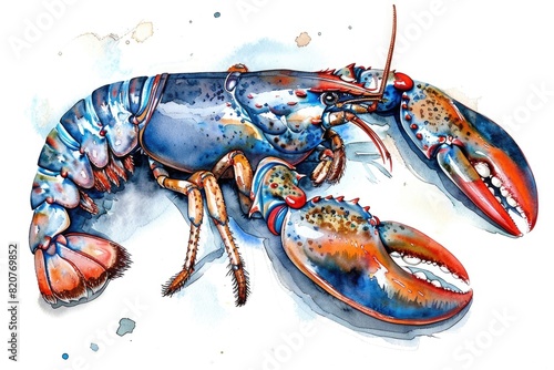 A vibrant watercolor painting of a lobster on a white background. Ideal for seafood restaurant menus photo