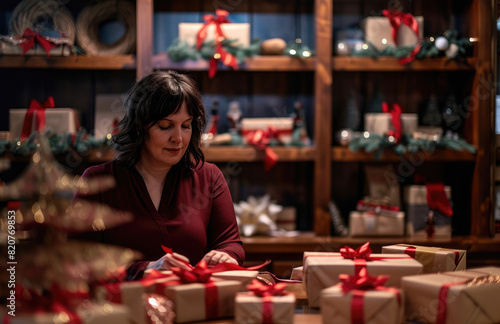 A woman in her home is wrapping Christmas gifts  surrounded by boxes and ribbons