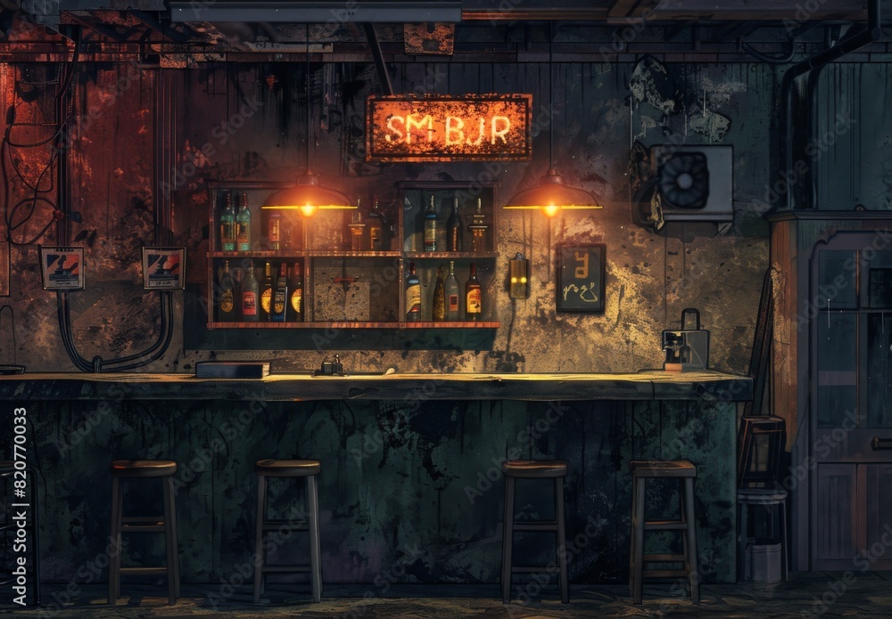 An AI-created fantasy digital painting featuring a bar with stools and a sign above it. An AI-created fantasy digital painting featuring a bar with stools and a sign above it.