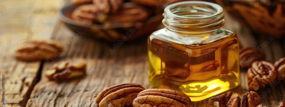 pecan essential oil. Selective focus pecan essential oil. Selective focus