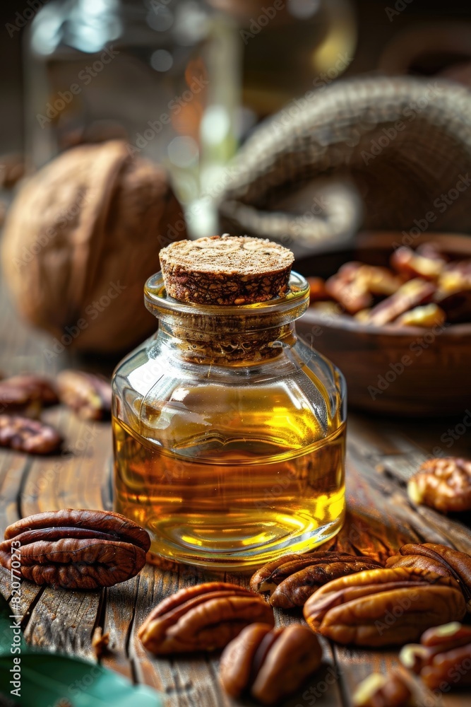 pecan essential oil. Selective focus pecan essential oil. Selective focus