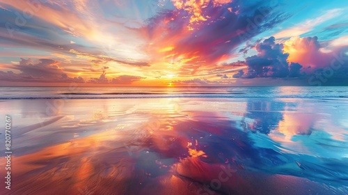 A breathtaking beach sunset with vibrant colors reflecting off the water and sand