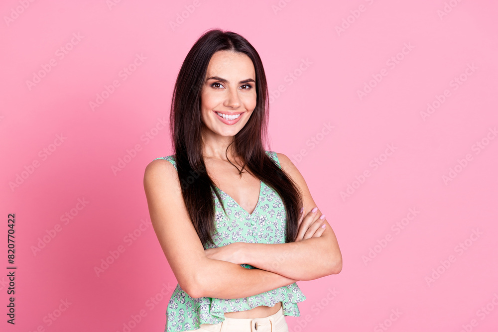 Photo of stunning nice woman crossed arms dressed trendy clothes collection isolated on pink color background Photo of stunning nice woman crossed arms dressed trendy clothes collection isolated on pink color background