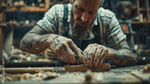 Tattooed Carpenter Carving Wood