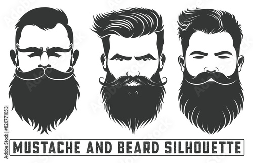 Mustache and beard silhouette, Bearded man face set, bearded men face hipsters with different haircuts, mustaches, beards, sunglasses. Silhouettes, avatars, emblems, icons,