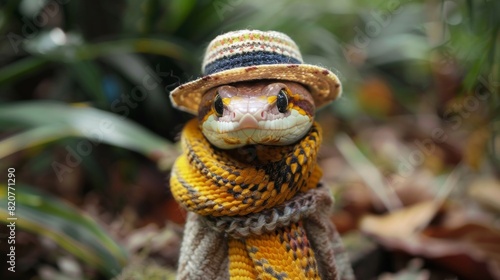 funny Grass Snake wearing knitter coat and hat