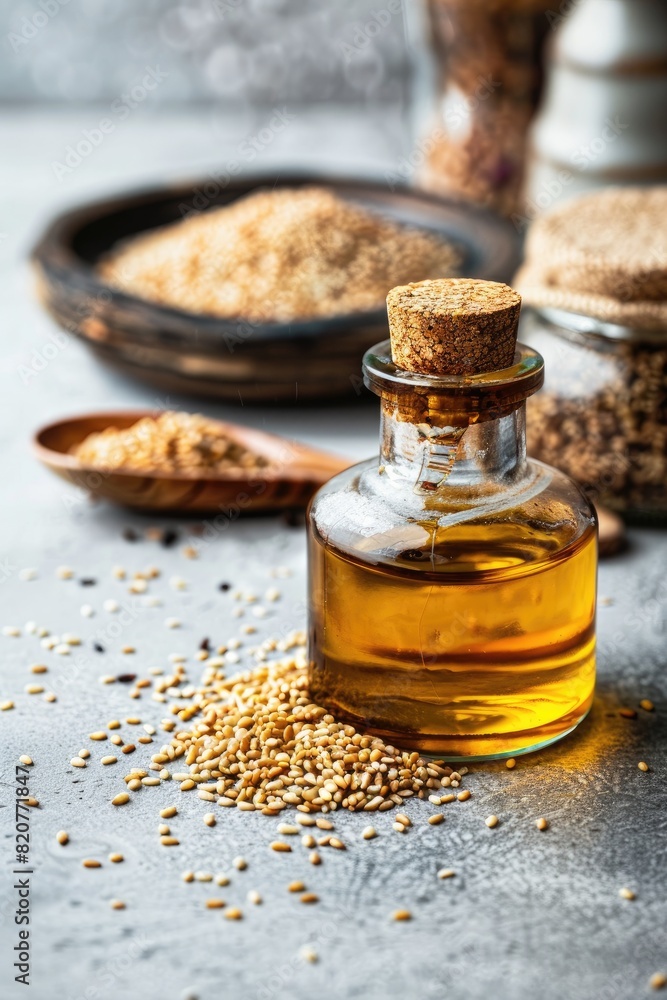 sesame essential oil. Selective focus sesame essential oil. Selective focus