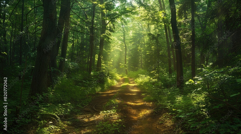 Obraz premium A serene forest path with sunlight filtering through the trees, creating a peaceful and inviting atmosphere