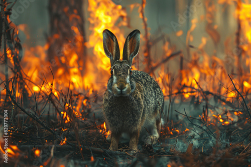 Hare on a background of burning forest. Wild animal in the midst of fire and smoke