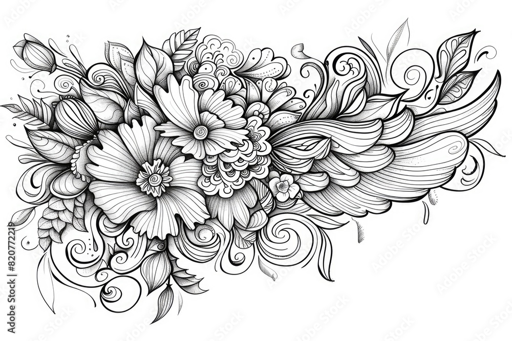 Detailed black and white flower illustration, suitable for various design projects