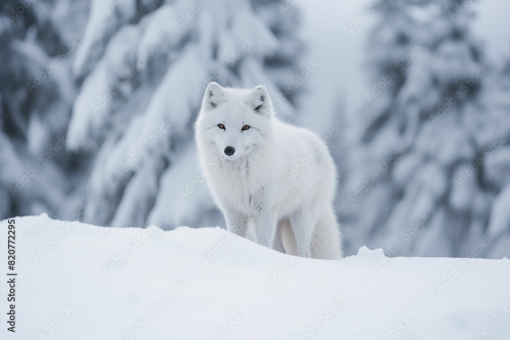 Obraz premium White wolf on a grassy hill, looking out into the distance with tall pine trees