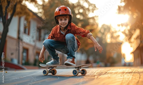 Teenage skater riding on a skateboard in urban area on sunny summer evening